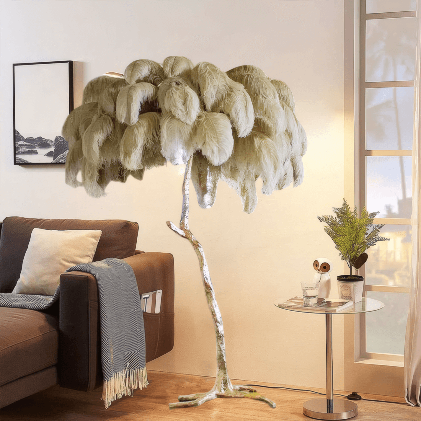 Art Deco Khaki Feather Floor Lamp Living Room